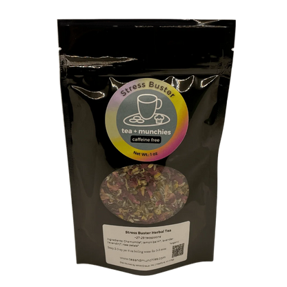 Resealable black glossy stand-up package of loose leaf stress buster herbal tea on | tea + munchies