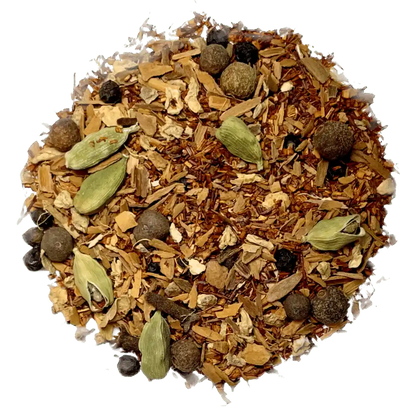 Loose leaf rooibos chai herbal tea ingredients. The tea contains organic ginger, red rooibos, cinnamon, cardamom, clove, allspice, and black pepper | tea + munchies
