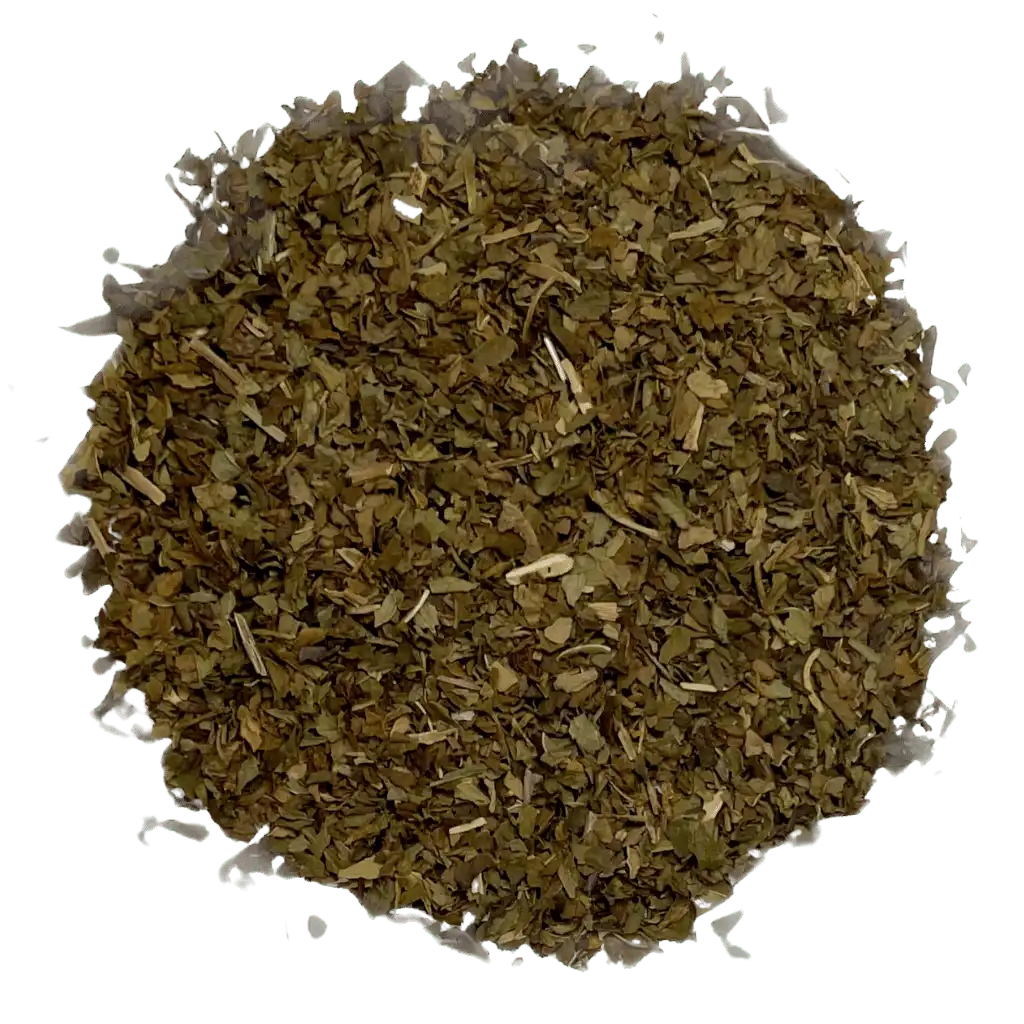 Loose leaf spearmint herbal tea ingredients. The tea contains organic spearmint leaf | tea + munchies