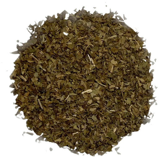 Loose leaf spearmint herbal tea ingredients. The tea contains organic spearmint leaf | tea + munchies