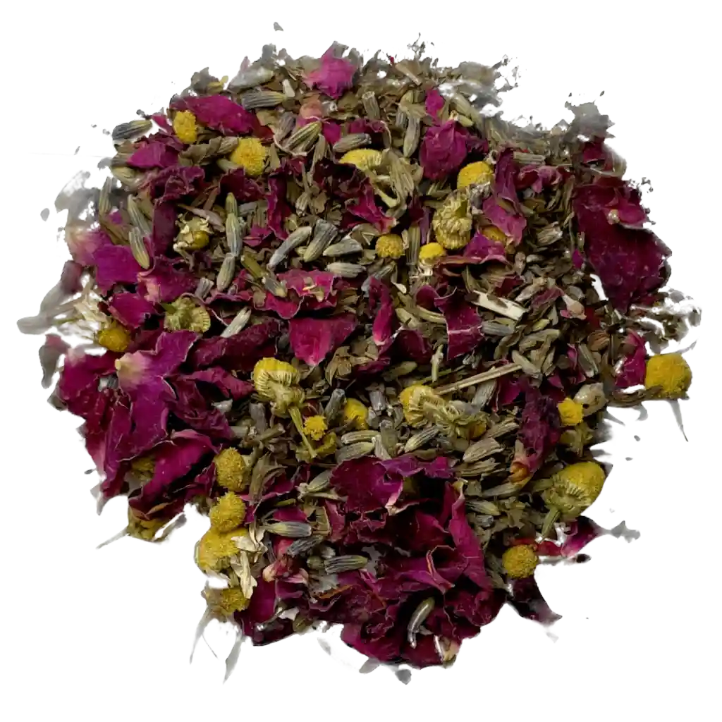Loose leaf stress buster herbal tea ingredients. The tea contains rose petals, organic chamomile, lavender, and lemon balm | tea + munchies