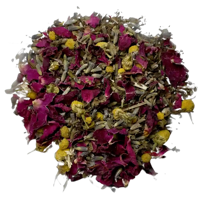 Loose leaf stress buster herbal tea ingredients. The tea contains rose petals, organic chamomile, lavender, and lemon balm | tea + munchies