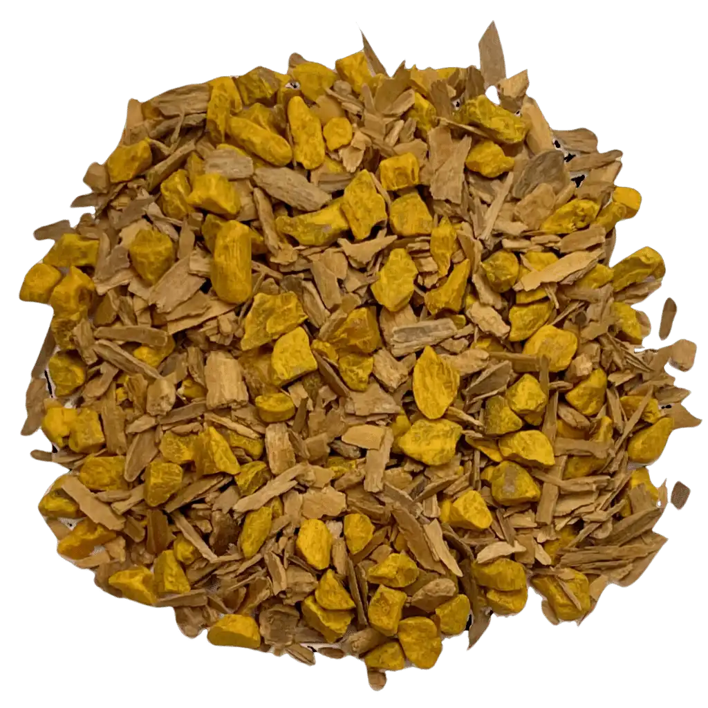Loose leaf turmeric cinnamon herbal tea ingredients. The tea contains organic turmeric root & cinnamon | tea + munchies
