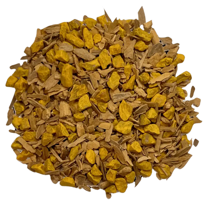 Loose leaf turmeric cinnamon herbal tea ingredients. The tea contains organic turmeric root & cinnamon | tea + munchies