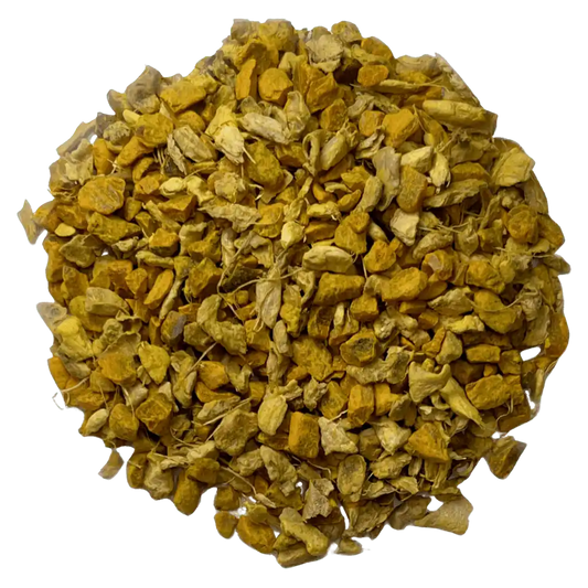 Loose leaf turmeric ginger herbal tea ingredients. The tea contains organic ginger root & turmeric root | tea + munchies
