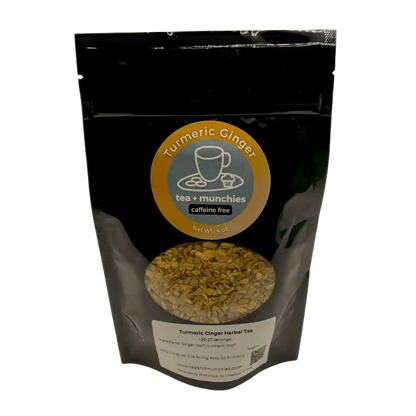 Resealable black glossy stand-up package of loose leaf turmeric ginger herbal tea | tea + munchies