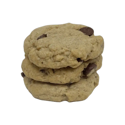 Stack of three vegan chocolate chip cookies | tea + munchies