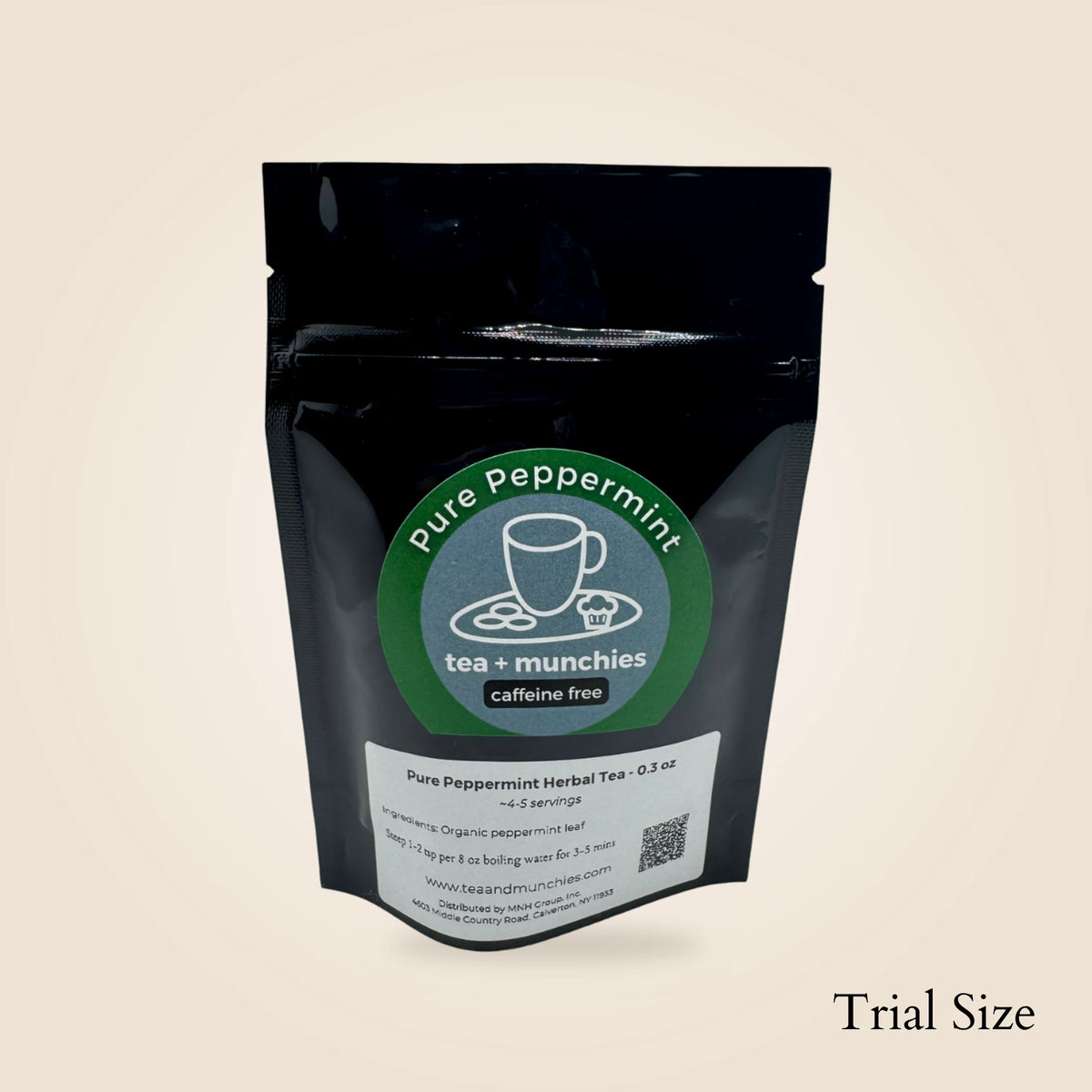 A black resealable pouch of Pure Peppermint tea + munchies caffeine-free herbal tea, shown on a light beige background with the text 'Trial Size' in the bottom right corner.