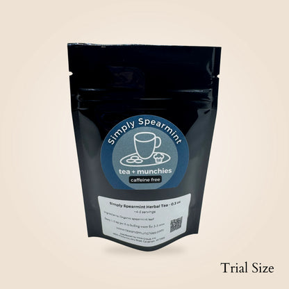 A black resealable pouch of Simply Spearmint tea + munchies on a light beige background, with 'Trial Size' text in the bottom right corner.