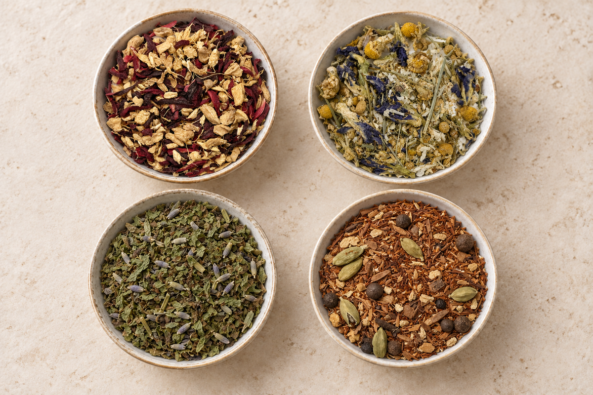Four small ceramic bowls arranged in a 2x2 grid on a light beige stone surface, each filled with different loose herbal teas or blends: a red and tan mixture, a pale yellow, white, and blue-green mixture, a green and lavender-toned mixture, and a brown and beige spice-herb mixture.