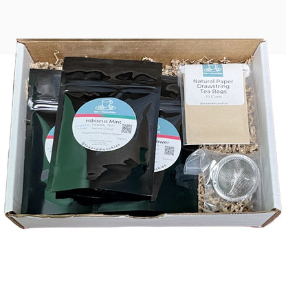 Close up of Hibiscus Delight Tea Gift Set Box Contents | tea + munchies
