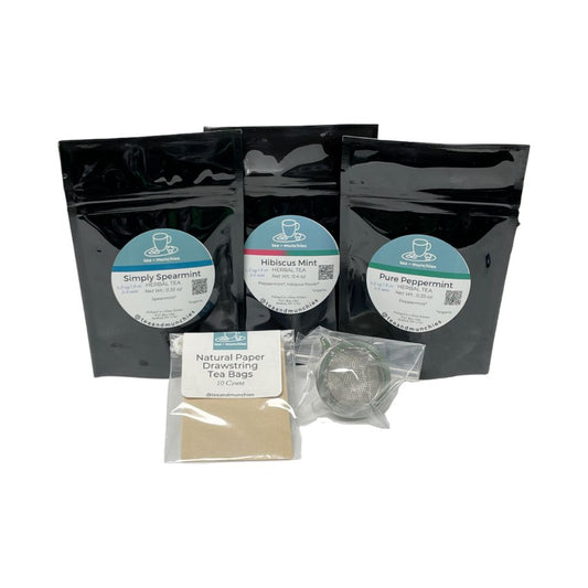 Mint Mélange Tea Gift Set Box Contents: trial size Pure Peppermint, Simply Spearmint, & Hibiscus Mint loose leaf teas with mesh ball infuser and 10 natural paper drawstring tea bags | tea + munchies