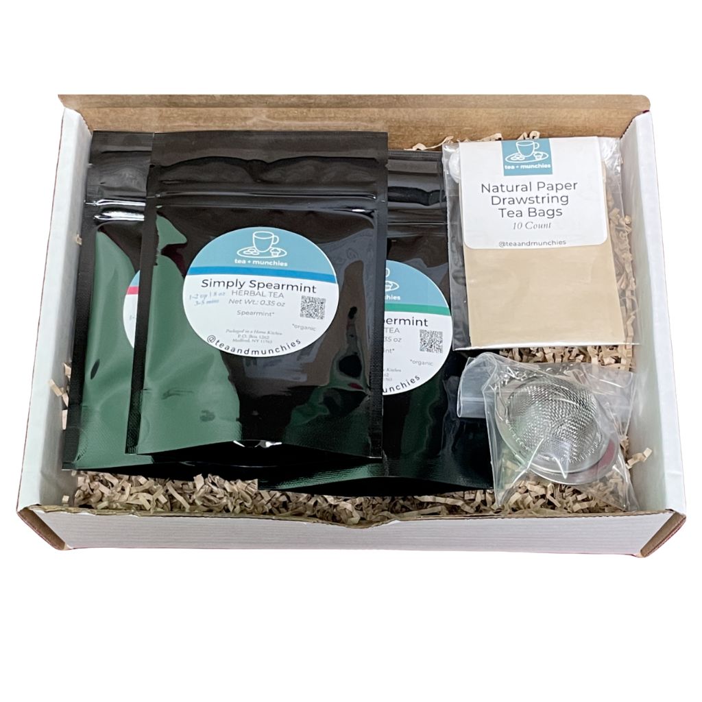 Close up of Mint Mélange Tea Gift Set Box Contents | tea + munchies
