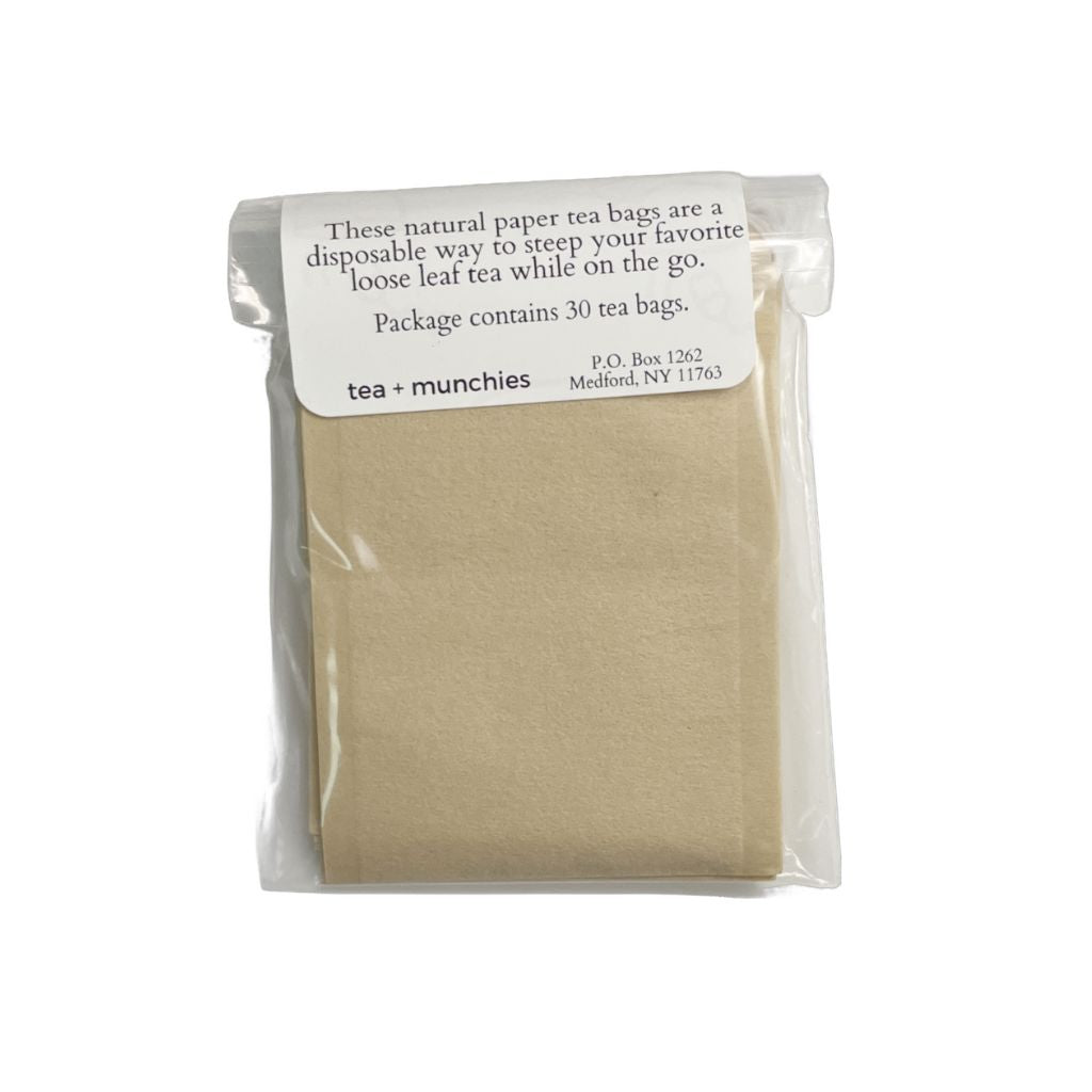 Back side of package of 30 natural paper drawstring tea bags | tea + munchies