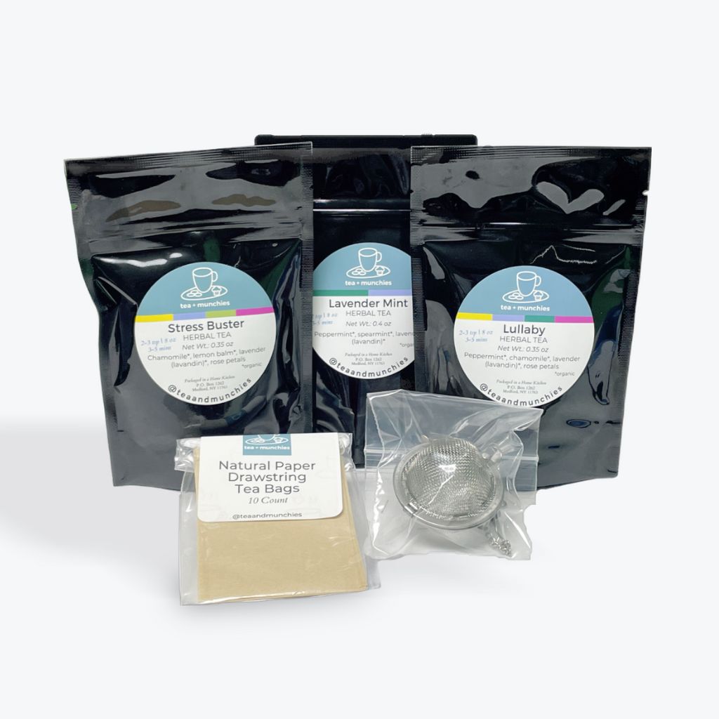 Rest & Relax Tea Gift Set Box Contents: trial size Stress Buster, Lavender Mint, & Lullaby loose leaf teas with mesh ball infuser and 10 natural paper drawstring tea bags | tea + munchies
