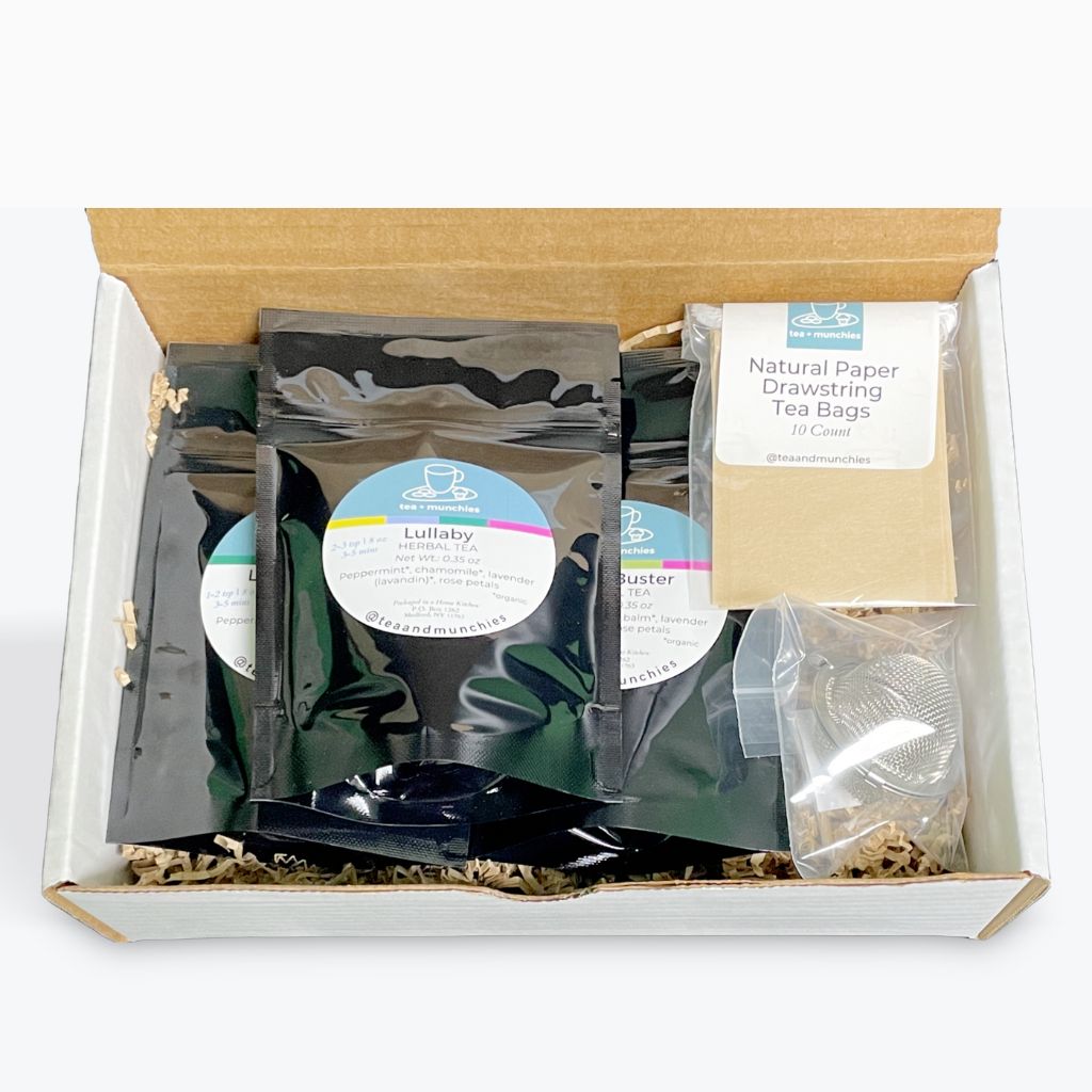 Close up of Rest & Relax Tea Gift Set Box Contents | tea + munchies