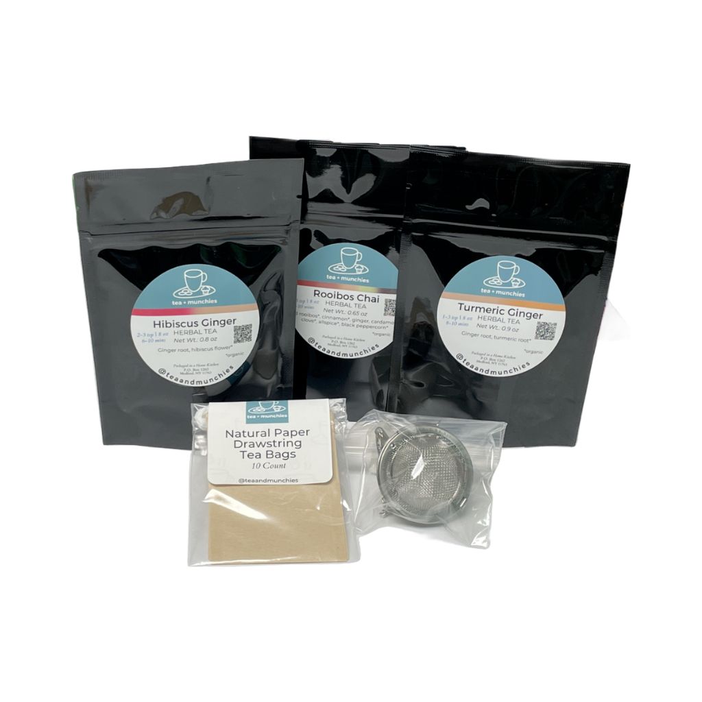 Spice is Nice Tea Gift Set Box Contents: trial size Hibiscus Ginger, Rooibos Chai, & Turmeric Ginger loose leaf teas with mesh ball infuser and 10 natural paper drawstring tea bags | tea + munchies